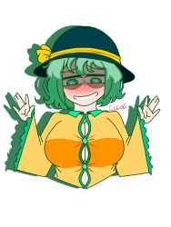 Rule 34 | absurdres, breasts, cuchu, embarrassed, green eyes, green hair, hands up, hat, highres, komeiji koishi, large breasts, looking down, simple background, touhou, watermark, white background