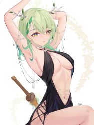 Rule 34 | 1girl, absurdres, antlers, armpits, artist name, black dress, blush, braid, braided bangs, branch, breasts, ceres fauna, chyraliss, criss-cross halter, cross-laced slit, dress, flower, green hair, hair flower, hair ornament, halterneck, highres, hololive, hololive english, horns, long hair, medium breasts, multicolored hair, navel, parted lips, solo, sword, sword behind back, thighs, virtual youtuber, weapon, yellow eyes