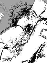 Rule 34 | 1boy, bad id, bad pixiv id, bed, closed eyes, from above, greyscale, hongcha (roels), male focus, monochrome, on bed, parted lips, roels, scp foundation, sketch, solo, sunlight