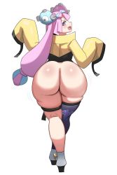Rule 34 | 1girl, ass, blue eyes, bottomless, creatures (company), from behind, game freak, hair ornament, highres, huge ass, iono (pokemon), jacket, long hair, long sleeves, looking at viewer, looking back, multicolored hair, nintendo, open mouth, pink eyes, pink hair, pokemon, pokemon sv, sharp teeth, single thighhigh, sleeves past wrists, smile, solo, teeth, thick thighs, thigh strap, thighhighs, thighs, white background, ytrall