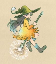 Rule 34 | 1girl, boots, broom, broom riding, brown background, dandelion, dandelion seed, dress, flower, flower skirt, gradient hair, green eyes, green hat, grey footwear, grey hair, hat, heikala, highres, light brown background, lily of the valley, long hair, mini person, minigirl, multicolored hair, original, painting (medium), simple background, smile, solo, traditional media, water drop, watercolor (medium), witch, witch hat, yellow dress
