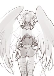 Rule 34 | 1girl, angel wings, anzuni (marblefrog), ass, belt, breath of fire, breath of fire i, feathered wings, from behind, highres, leotard, nina (breath of fire i), short hair, simple background, solo, sword, thighhighs, weapon, white background, wings