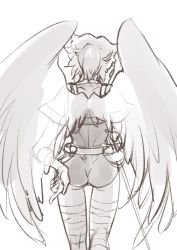 1girl angel_wings anzuni_(marblefrog) ass belt breath_of_fire breath_of_fire_i feathered_wings from_behind highres leotard nina_(breath_of_fire_i) short_hair simple_background solo sword thighhighs weapon white_background wings