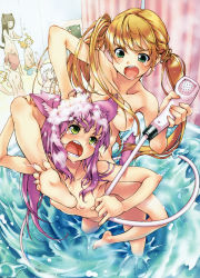 Rule 34 | 6+girls, absurdres, angry, animal ears, barefoot, bath, bathing, bathtub, bite mark, blonde hair, blush, cat ears, cat tail, feet, flat chest, foam, highres, inverted nipples, long hair, multiple girls, navel, nipples, nude, oshare kyoushitsu, pinky out, purple hair, same-sex bathing, shared bathing, sharp teeth, shower head, soles, steam, tail, teeth, toes, twintails, water, wet