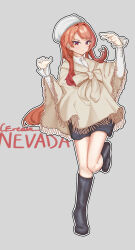 Rule 34 | 1girl, absurdres, asymmetrical bangs, black footwear, black skirt, boots, brown shawl, character name, corinalyce1, earrings, full body, hat, highres, jewelry, kantai collection, long hair, long sleeves, miniskirt, nevada (kancolle), red eyes, red hair, shawl, skirt, smile, solo, standing, standing on one leg, star (symbol), star earrings, very long hair, white hat