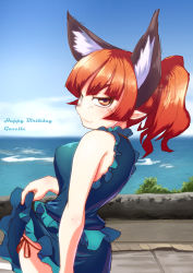 Rule 34 | 1girl, adapted costume, alternate hairstyle, animal ears, bare arms, bare shoulders, blue dress, blue sky, breasts, cat ears, clothes lift, cloud, day, dress, dress lift, extra ears, highres, kaenbyou rin, looking back, ocean, panties, ponytail, red eyes, red hair, red panties, side-tie panties, sky, sleeveless, sleeveless dress, smirk, solo, tora (trampjing), touhou, underwear