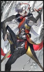 Rule 34 | 1boy, belt, fingernails, glint, green eyes, green hair, grey eyes, grey hair, hair between eyes, half-closed eyes, hanafuda, holding, holding weapon, liquid, male focus, multicolored hair, original, parted lips, rain, red hair, signature, silhouette, slit pupils, smile, solo, weapon, wet, wet clothes, wings, ysk (yusuke)