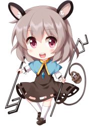 Rule 34 | 1girl, animal ears, basket, blue capelet, capelet, chibi, dowsing rod, dress, full body, grey dress, grey footwear, grey hair, hair between eyes, highres, holding, holding rod, jewelry, long sleeves, looking at viewer, medium hair, mouse (animal), mouse ears, mouse tail, nazrin, open mouth, pendant, pink eyes, ruu (tksymkw), simple background, smile, solo, standing, tail, teeth, touhou, white background, white legwear