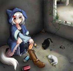 Rule 34 | 1girl, absurdres, against wall, animal hood, arm rest, biburu, bird, black pantyhose, boots, breasts, can, cat, cat hood, cat tail, cleavage, cross-laced footwear, cutoffs, empty room, eurasian tree sparrow, hair ornament, hairclip, heterochromia, highres, hood, hooded jacket, jacket, knees up, long sleeves, looking at viewer, navel, open clothes, open jacket, original, pantyhose, plant, red eyes, short hair, sitting, small breasts, solo, sparrow, sports bra, tail, vines, white hair, window, yellow eyes