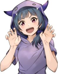 Rule 34 | &gt;:d, 1girl, :d, bad id, bad twitter id, blue hair, claw pose, hair ornament, hair scrunchie, hood, hooded pajamas, horns, keita (kta0), looking at viewer, love live!, love live! school idol festival, love live! sunshine!!, low ponytail, open mouth, pajamas, purple pajamas, purple scrunchie, red eyes, scrunchie, simple background, smile, solo, tsushima yoshiko, upper body, v-shaped eyebrows, white background