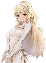 Rule 34 | 1girl, blonde hair, breasts, commentary request, cowboy shot, detached sleeves, dress, hairband, highres, long hair, looking at viewer, majocc (dusty051), maquia (sayoasa), own hands together, red eyes, ringlets, sayonara no asa ni yakusoku no hana wo kazarou, sidelocks, simple background, small breasts, solo, white background, white dress