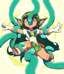 Rule 34 | 1girl, alternate costume, blue eyes, blush, boots, flat chest, full body, gloves, green hair, kollerss, league of legends, lulu (league of legends), maiz-ken, maizken, no panties, open mouth, oral, outstretched arms, pointy ears, pussy, restrained, saliva, school uniform, serafuku, skirt, solo, spread arms, spread legs, star guardian (league of legends), star guardian lulu, tentacle sex, tentacles, uncensored, vaginal, yordle