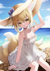 Rule 34 | 1girl, :o, absurdres, alternate costume, animal ear fluff, animal ears, arknights, arm support, arm up, blonde hair, blue sky, braid, braided hair rings, brown hat, cloud, collarbone, commentary, day, dress, feet out of frame, fox ears, fox girl, fox tail, frilled dress, frills, hair between eyes, hair rings, hand on headwear, hat, highres, horizon, kitsune, material growth, moepu., ocean, oripathy lesion (arknights), outdoors, parted lips, sitting, sky, sleeveless, sleeveless dress, solo, straw hat, sundress, suzuran (arknights), tail, twin braids, water, white dress, yellow eyes