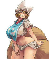 Rule 34 | 1girl, adapted costume, animal hat, arched back, blonde hair, breasts, brown eyes, chanta (ayatakaoisii), clenched teeth, covered erect nipples, fox tail, hat, highres, huge breasts, looking down, looking to the side, miniskirt, mob cap, multiple tails, no panties, mob cap, pussy, pussy peek, short hair, short sleeves, simple background, skirt, solo, sweat, sweatdrop, tail, teeth, thighs, touhou, underboob, white background, white skirt, wide hips, yakumo ran