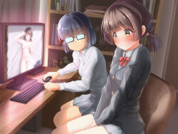 Rule 34 | 2girls, black hair, blazer, blush, book, bookshelf, bow, bowtie, brown hair, closed mouth, collared shirt, commentary request, computer, desk, glasses, grey jacket, grey skirt, indoors, jacket, keyboard (computer), long sleeves, low twintails, monitor, mouse (computer), multiple girls, original, pornography, red bow, red bowtie, school uniform, shirt, short hair, sitting, skirt, tachiinu, thighs, twintails, white shirt, yellow eyes