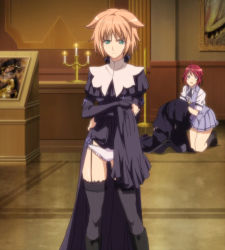 Rule 34 | ahoge, ascot, black ascot, black legwear, blonde hair, blouse, candlestand, clothes lift, collared shirt, dress, dress lift, frown, garter straps, green eyes, hair flaps, hand on own hip, head tilt, highres, indoors, lace, lace-trimmed legwear, lace trim, legs apart, legs together, lifting own clothes, panties, pelvic curtain, picture frame, purple eyes, red hair, screencap, seikon no qwaser, shirt, standing, stitched, surprised, teresa beria, thighhighs, third-party edit, torn clothes, underwear, v-shaped eyebrows, white panties, white shirt