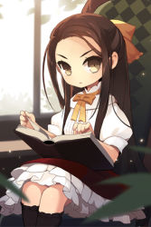 Rule 34 | 1girl, armchair, black socks, book, bow, brown hair, btoor, chair, chibi, child, dress, frilled dress, frills, frown, hair ribbon, half updo, holding, holding book, kneehighs, layered dress, layna scentriver, leaf, long hair, lowres, no nose, open book, open mouth, ribbon, sitting, socks, solo, sword girls, window, yellow eyes