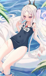 Rule 34 | 1girl, afloat, ahoge, blue archive, blurry, collarbone, commentary request, demon girl, demon horns, depth of field, food, forehead, hair ornament, hairclip, halo, highres, hina (blue archive), hina (swimsuit) (blue archive), holding, holding food, holding popsicle, holding swim ring, horns, in water, innertube, licking, long hair, looking at viewer, lying, mooran, name tag, ocean, old school swimsuit, on back, one side up, outdoors, parted bangs, popsicle, purple eyes, school swimsuit, sidelocks, sleeveless, solo, swim ring, swimsuit, wavy hair, whistle, whistle around neck, white hair