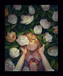 Rule 34 | 1girl, 1other, black border, blonde hair, blue eyes, border, closed mouth, commentary request, dress, flower, flower bed, highres, long hair, looking at viewer, maribel hearn, mushiao, neck ribbon, one eye covered, orange flower, out of frame, own hands clasped, own hands together, purple dress, purple shirt, red ribbon, ribbon, shirt, short sleeves, smile, touhou, upper body, white flower
