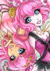 Rule 34 | 2girls, angel wings, blue eyes, chariclo arganthone cupid, colored skin, dress, dual persona, ever after high, feathered wings, headband, heart, monster high, multiple girls, pale skin, pandoras-locker, pink dress, pink hair, pink headband, pink lips, skeletal wings, smile, upside-down, white skin, wings