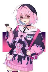 Rule 34 | 1girl, absurdres, ahoge, animal print, backpack, bag, bandaid, bandaid hair ornament, bear print, black headwear, broken heart print, cellphone, choker, collarbone, cowboy shot, cracked phone, fang, flame print, hair intakes, hair ornament, hat, heart, highres, holding, holding phone, idolmaster, idolmaster cinderella girls, idolmaster cinderella girls starlight stage, long sleeves, looking at viewer, multicolored hair, name tag, o-ring, official alternate costume, open mouth, p changgun, phone, pink eyes, pink hair, raised eyebrows, randoseru, shaded face, simple background, single bare shoulder, sleeves past wrists, smartphone, thigh strap, thighs, two-tone hair, white background, x hair ornament, yumemi riamu