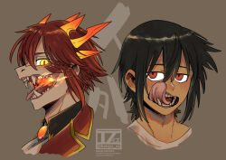 2boys ascot barbed_tongue black_hair breath_weapon breathing_fire brown_background brown_eyes commentary_request dragon_boy dragon_horns fire glowing glowing_eyes grin highres horns licking_lips looking_at_viewer male_focus monster_boy multiple_boys original portrait red_hair sharp_teeth shirt short_hair simple_background slit_pupils smile teeth tokitsu_sousaku tongue tongue_out translation_request yellow_eyes