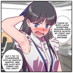 Rule 34 | 1girl, @ @, andrian januar adilia, arm behind head, armpits, black hair, blue bow, blue eyes, blue ribbon, blunt bangs, blurry, blurry background, blush, bow, breasts, english text, hair bow, highres, lanyard, long hair, looking at viewer, lower teeth only, open mouth, original, presenting armpit, ribbon, shirt, sleeveless, sleeveless shirt, small breasts, solo, speech bubble, sweat, teeth, upper body, v-shaped eyebrows, white shirt