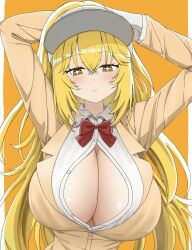 Rule 34 | 1girl, arms up, blazer, blonde hair, blush, bow, bowtie, breasts, bright pupils, brown jacket, cleavage, gloves, hair between eyes, hat, high ponytail, highres, huge breasts, jacket, long bangs, long hair, looking at viewer, mecha (soep9uvvt5s7w3x), open clothes, open shirt, red bow, red bowtie, school uniform, shokuhou misaki, solo, sparkling eyes, star-shaped pupils, star (symbol), summer uniform, sweater vest, symbol-shaped pupils, toaru kagaku no mental out, toaru kagaku no railgun, toaru majutsu no index, tokiwadai school uniform, upper body, white gloves, white pupils, winter uniform, yellow eyes