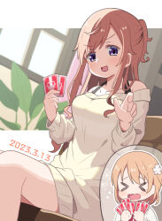 Rule 34 | &gt; &lt;, 2girls, breasts, brown hair, card, cherry blossoms, closed eyes, collarbone, commentary request, dated, dress, flower, flying sweatdrops, gochuumon wa usagi desu ka?, hair between eyes, hair flower, hair ornament, hair ribbon, highres, holding, holding card, hoto cocoa, hoto mocha, long hair, long sleeves, looking at viewer, medium breasts, mohei, multiple girls, one side up, open mouth, orange hair, plant, playing card, purple eyes, red ribbon, ribbon, shirt, short hair, siblings, sidelocks, sisters, sitting, smile, sweater, sweater dress, thighs, wall, wavy mouth, white shirt, window, yellow sweater