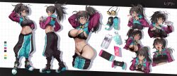 Rule 34 | 1girl, absurdres, ahoge, aqua hoodie, ass, black bra, black footwear, black hair, black pants, black shirt, blue hair, blue pants, blush, bottle, bra, breasts, character sheet, closed eyes, clothes pull, collarbone, color guide, controller, crop top, cropped hoodie, cup, dark-skinned female, dark skin, drinking straw, earrings, game controller, goggles, goggles around neck, hair between eyes, hand on own hip, heart, highres, holding, holding bottle, holding controller, holding game controller, hood, hood down, hoodie, indie virtual youtuber, jewelry, large breasts, lily pad, long hair, median furrow, midriff, multicolored footwear, multicolored hair, multicolored pants, navel, neon harper, neon harper (1st costume), nintendo switch, one eye closed, pants, pants pull, phone, pink hair, pink nails, pink sleeves, second-party source, shirt, stone (ksorede), streaked hair, surprised, sweat, taut clothes, taut shirt, underwear, virtual youtuber, yellow eyes