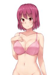 Rule 34 | &gt;:|, 10s, 1girl, :|, arato hisako, bad id, bad pixiv id, bare arms, bare shoulders, blush, bra, breasts, cleavage, closed mouth, cold (hoshinoskull), collarbone, groin, hair between eyes, large breasts, looking at viewer, navel, no panties, out-of-frame censoring, pink bra, purple hair, red eyes, shokugeki no souma, short hair, solo, stomach, underwear, underwear only, v-shaped eyebrows, white background