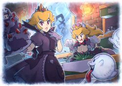 Rule 34 | 2girls, black dress, blonde hair, boo (mario), bowsette, breasts, cake, cleavage, crown, dress, earrings, food, fruit, ghost, gloves, grey gloves, highres, holding, holding cake, holding food, horns, indoors, jewelry, large breasts, long hair, looking at viewer, mario (series), multiple girls, new super mario bros. u deluxe, nintendo, open mouth, paper mario, paper mario: the thousand year door, pastry bag, pointy ears, poison mushroom, ponytail, possessed, possession, princess peach, puffy short sleeves, puffy sleeves, red eyes, saiwo (saiwoproject), shadow queen, short sleeves, sphere earrings, strawberry, super crown, tongue, tongue out