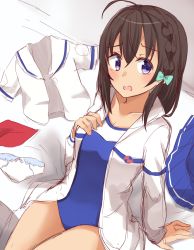 Rule 34 | 1girl, absurdres, arm support, bad id, bad pixiv id, blue one-piece swimsuit, blue skirt, blush, bow, bow panties, braid, brown hair, collarbone, green bow, hair between eyes, hair bow, hand on own chest, high school fleet, highres, kapatarou, long hair, long sleeves, looking at viewer, one-piece swimsuit, open clothes, open shirt, panties, unworn panties, parted lips, pleated skirt, purple eyes, shirt, unworn shirt, sitting, sketch, skirt, unworn skirt, solo, swimsuit, uchida mayumi, underwear, white panties, white shirt