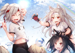 Rule 34 | 4girls, alternate costume, animal ears, azur lane, baileys (tranquillity650), black hair, black shorts, breasts, character request, claw pose, cloud, cloudy sky, commentary request, day, fangs, fingerless gloves, gloves, hair between eyes, hand on another&#039;s head, headband, highres, large breasts, light rays, long hair, multiple girls, nail polish, navel, open mouth, outstretched arm, rainbow, red eyes, shigure (azur lane), shirt, short eyebrows, short sleeves, shorts, silver hair, sitting, sitting on person, sky, sportswear, sun, sunbeam, sunlight, thick eyebrows, v-shaped eyebrows, water drop, white shirt, wolf ears, wolf girl, yuudachi (azur lane), z1 leberecht maass (azur lane)