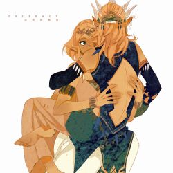 Rule 34 | 1boy, 1girl, armlet, back cutout, barefoot, blonde hair, bracelet, clothing cutout, detached sleeves, frostbite set (zelda), green eyes, highres, jewelry, link, looking at another, luoman19921, male focus, median furrow, medium hair, nintendo, pointy ears, princess zelda, short hair, sitting, sitting on lap, sitting on person, the legend of zelda, the legend of zelda: tears of the kingdom, tiara, touching another&#039;s back