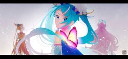 Rule 34 | 1boy, 2girls, aoi tete, artist name, bikini, black headwear, blue cape, blue eyes, blue hair, blurry, blurry background, bow, braid, bug, butterfly, cape, coattails, commentary, cure prism, cure sky, cure wing, depth of field, detached sleeves, earclip, facing away, french braid, from behind, gloves, gradient hair, hair bow, hat, highres, hirogaru sky! precure, insect, jacket, letterboxed, light particles, long hair, looking at viewer, looking back, magical boy, magical girl, mini hat, mini top hat, multicolored hair, multiple girls, nijigaoka mashiro, orange gloves, orange hair, orange jacket, parted lips, pink hair, precure, puffy detached sleeves, puffy short sleeves, puffy sleeves, short sleeves, signature, single sidelock, sora harewataru, streaked hair, swimsuit, top hat, two-tone bikini, very long hair, white bow, wing hair ornament, yuunagi tsubasa
