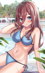 Rule 34 | 1girl, :o, absurdres, arm support, arm up, bare arms, bare shoulders, bikini, black ribbon, blue bikini, blue eyes, blurry, blurry background, blurry foreground, blush, breasts, brown hair, cleavage, collarbone, day, depth of field, eyes visible through hair, female focus, go-toubun no hanayome, groin, hair between eyes, hand in own hair, highres, huge filesize, leaning back, lens flare, linea alba, long hair, looking at viewer, medium breasts, nakano miku, navel, outdoors, parted lips, pool, poolside, rain sunny, revision, ribbon, side-tie bikini bottom, sitting, solo, stomach, swimsuit, water, water drop