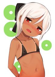 Rule 34 | 1girl, arms behind back, bad id, bad twitter id, bare arms, bare shoulders, bikini, bikini tan, black bikini, black bow, blush, bow, collarbone, fang, hair between eyes, hair bow, head tilt, highres, inactive account, long hair, looking at viewer, navel, nose blush, open mouth, original, red eyes, solo, surio, swimsuit, tan, tanline, upper body, white background, white hair