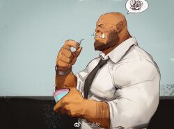 Rule 34 | 1boy, bald, bara, beard, black necktie, check copyright, collared shirt, contemporary, copyright request, cup, dark-skinned male, dark skin, facial hair, from side, large pectorals, male focus, mature male, monster boy, muscular, muscular male, necktie, orc, pectorals, pointy ears, salaryman, shirt, short hair, solo, spoken squiggle, squiggle, tooboshoo, tusks, upper body, warcraft, world of warcraft