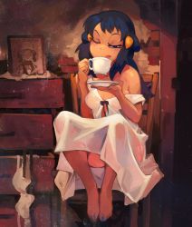 Rule 34 | 1girl, :q, absurdres, alternate costume, barefoot, blue eyes, blue hair, blue nails, blush, bra, unworn bra, breasts, brick wall, chair, creatures (company), cup, dawn (pokemon), drawer, dress, eyelashes, feet together, game freak, hair ornament, hairclip, half-closed eye, hands up, highres, holding, holding cup, holding saucer, indoors, khyle., knees apart feet together, nail polish, nintendo, no bra, off shoulder, one eye closed, photo (object), pokemon, pokemon (anime), pokemon dppt (anime), saucer, sitting, solo, teacup, toenail polish, toenails, toes, tongue, tongue out, underwear, white dress