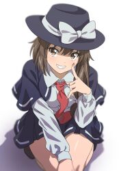 Rule 34 | 1girl, black capelet, black hat, black skirt, brown eyes, brown hair, buttoned cuffs, buttons, capelet, collared shirt, fingernails, grin, gyouza (mhea5724), hair between eyes, hat, highres, long sleeves, necktie, pleated skirt, red necktie, shirt, short hair, simple background, skirt, smile, solo, touhou, usami renko, white background, white shirt