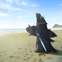 Rule 34 | 1boy, beach, black cloak, blue sky, cloak, day, fate/grand order, fate (series), from side, holding, holding sword, holding weapon, hood, hooded cloak, horns, king hassan (fate), male focus, matsumoto tomoyohi, ocean, outdoors, sand, sky, solo, spikes, surfboard, sword, weapon