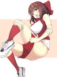 Rule 34 | 10s, 1girl, ass, blush, bow, breasts, brown eyes, brown hair, clothes pull, female focus, girls und panzer, hair bow, headband, highres, icomochi, knee pads, kneehighs, kondou taeko, large breasts, open mouth, red headband, red shorts, red socks, shirt, shoes, short hair, short shorts, shorts, shorts pull, shoulder pads, sleeveless, sleeveless shirt, sneakers, socks, solo, sportswear, volleyball uniform, white footwear