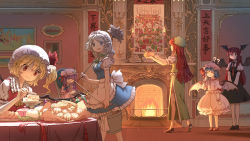 Rule 34 | 6+girls, ?, ??, apron, ascot, bat wings, blonde hair, blue dress, blue eyes, blue hair, book, bow, braid, bucket, chair, chinese clothes, commentary request, crystal, dahuang, dress, closed eyes, fire, flandre scarlet, food, frilled shirt collar, frills, green bow, grey hair, hair bow, hand up, hat, hat ribbon, head wings, highres, holding, holding book, hong meiling, indoors, izayoi sakuya, koakuma, long hair, long skirt, looking at another, low wings, maid, maid apron, maid headdress, medium hair, mob cap, multiple girls, necktie, patchouli knowledge, puffy short sleeves, puffy sleeves, purple hair, red eyes, red hair, red neckwear, remilia scarlet, ribbon, shirt, short hair, short sleeves, siblings, side ponytail, sisters, sitting, skirt, skirt set, standing, table, touhou, twin braids, v arms, vest, wings, wrist cuffs, yellow neckwear