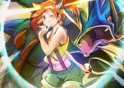 Rule 34 | 1girl, ;), bare arms, blue eyes, blush, clear glass (mildmild1311), closed mouth, commentary request, creatures (company), eyelashes, game freak, gen 1 pokemon, green shorts, gyarados, hand up, highres, holding, holding poke ball, mega gyarados, mega pokemon, misty (pokemon), navel, nintendo, one eye closed, orange hair, poke ball, poke ball (basic), pokemon, pokemon (anime), pokemon (creature), pokemon sm043, pokemon sm (anime), shirt, short hair, shorts, side ponytail, smile, suspenders, watermark, yellow shirt