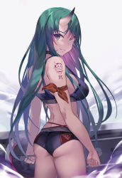 Rule 34 | absurdres, arknights, back, bare shoulders, bikini, breasts, gendo0032, green eyes, green hair, highres, holding, holding shield, holding weapon, horns, hoshiguma (arknights), long hair, looking at viewer, looking back, oni, shield, shorts, single horn, skin-covered horns, solo, swimsuit, tattoo, weapon