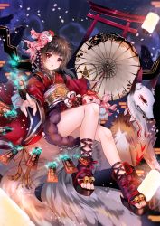 Rule 34 | 1girl, bell, black hair, blunt bangs, blush, cherry blossoms, chestnut mouth, clogs, duji amo, fish hair ornament, fox, hair ornament, highres, holding, holding umbrella, japanese clothes, jingle bell, kagura (onmyoji), kitsune, knee up, kyuubi, lantern, legs, looking at viewer, multiple tails, oil-paper umbrella, onmyoji, onmyouji, open mouth, petals, red eyes, red ribbon, ribbon, sandals, shrine, solo, tail, talisman, toes, torii, umbrella, usagihime, zouri