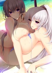Rule 34 | 2girls, arm support, ass, atelier kaguya, bare shoulders, beach, bikini, breast press, breasts, breasts out, brown hair, butt crack, cover, downpants, game cg, girl on top, huge breasts, kajuu 100, long hair, looking at viewer, lying, multiple girls, nipples, ocean, on back, open mouth, ponytail, purple eyes, smile, string bikini, swimsuit, symmetrical docking, topless, untied bikini, video game cover, wet, white hair, yoppy