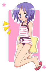 Rule 34 | 00s, 1girl, blue eyes, blush, breasts, collarbone, dress, female focus, flip-flops, full body, hiiragi tsukasa, kickboard, looking at viewer, lucky star, mel (artist), mel (melty pot), outline, pink background, pink dress, pink footwear, purple eyes, purple hair, sandals, short hair, sleeveless, sleeveless dress, small breasts, smile, solo, star (symbol), striped clothes, striped dress, swimsuit, swimsuit under clothes, white background, wind, wind lift