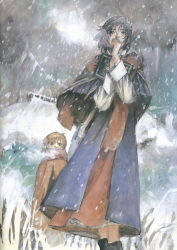 Rule 34 | 2girls, age difference, black hair, book, breath, brown eyes, brown hair, cape, cloud, coat, cold, dress, highres, holding, honneamise no tsubasa, landscape, manna nonderaiko, mother and daughter, multiple girls, overcoat, raised hands, ridge, riquinni nonderaiko, shirt, shoes, short hair, sky, snow, snowing, tsuruta kenji, walking